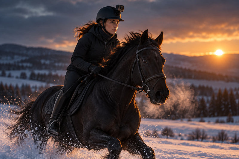 Ryttare i snö med kamera på ridhjälmen