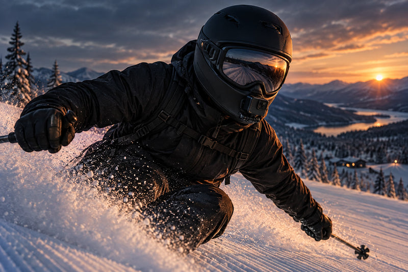Skidåkare med kamera på skidhjälmen